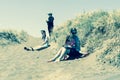 Four women in dunes on Muriwai Beach Royalty Free Stock Photo