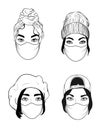 Four women faces in disposable medical surgical face mask to protect against high air toxic pollution city. stop the