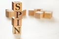 Four wooden cubes arranged in stack with word SPIN meaning Solution Problem Implication Need on them, space for text / image at Royalty Free Stock Photo