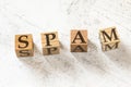 Four wooden cubes with word SPAM on white working board