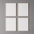 Four wooden vertical frame mockup on gray wall. 3d render