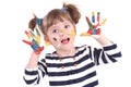 Four-year girl with hands soiled in a paint.