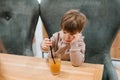 Four year old boy sits at a table in a cafe and looks at a glass of orange juice, holding a straw in his hands