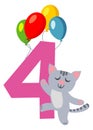 Four years birthday. Kid age number with cute cat