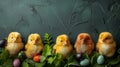 Five yellow chicks and colorful easter eggs