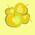 Four yellow multicolored apples on a yellow background