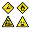 Four yellow warning signs for toxic and explosive hazards