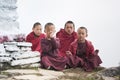 Bhutanese young novice monks practise meditation , Bhutan , Himalayan