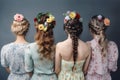 Four young girls with different hairstyles with flowers back view. Generative AI