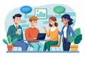 Four young individuals engage in a collaborative discussion around a table, sharing ideas, Customizable semi-flat illustration for Royalty Free Stock Photo