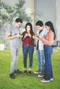 Four young people use mobile phone in the park Royalty Free Stock Photo