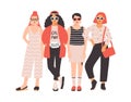 Four young women or girls dressed in trendy clothes standing together. Group of friends or feminist activists. Female