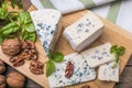 Fourme d`ambert blue cheese  and walnuts. Wooden background. Top view Royalty Free Stock Photo