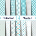 Fourteen Different Round Shape Polka Dot on the Marine Vector Seamless Patterns.