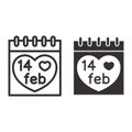 Fourteen february on calendar line and solid icon, Valentines Day concept, Desk calendar with heart sign on white