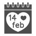 Fourteen february on calendar solid icon, Valentines Day concept, Desk calendar with heart sign on white background