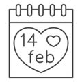 Fourteen february on calendar thin line icon, Valentines Day concept, Desk calendar with heart sign on white background