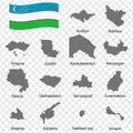 Fourteen Maps  Regions of Uzbekistan - alphabetical order with name. Every single map of Region are listed and isolated with wordi Royalty Free Stock Photo