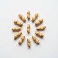 Peanuts in shells are arranged in a symmetrical circular pattern on a white Royalty Free Stock Photo