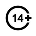 Fourteen plus icon. Number 14 in circle isolated on white background. Content age censoring symbol. Movie viewing limit