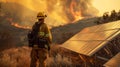 The fourth image portrays a firefighter standing in front of a row of solar panels which are powering emergency