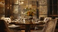 The fourth image takes us to a chic dining room where a round table is surrounded by modern upholstered chairs. The
