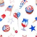 Colorful 4th of July holiday seamless pattern with watercolor red, white and blue balloons, sweets, desserts, american flag Royalty Free Stock Photo