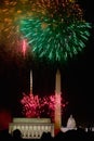 Fourth of July celebration with fireworks exploding over the Lincoln Memorial, Washington Monument and U.S. Capitol, Washington Royalty Free Stock Photo