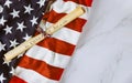 Fourth of July Day. Declaration of Independence parchment roll document with US flag