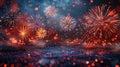 Fourth of July Fireworks Display on AI-Generated Red, White, and Blue Table Setting
