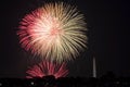 Fourth of July fireworks on the National Park tidal basin, with the Washington Monument in Washington, District of Columbia