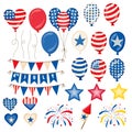 Fourth of July Independence Day symbols set. American patriotic illustration of balloons, flags, stars, fireworks and Royalty Free Stock Photo