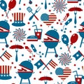 Fourth of July Party and memorial day icons. Seamless pattern.