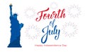 Fourth of July, USA Independence Day celebration. Banner with lettering, Statue of Liberty and fireworks Royalty Free Stock Photo