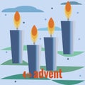 Fourth Sunday of Advent. Four candles, fourth lighted candles, snow, clouds, branches of Christmas tree. Vector illustration in