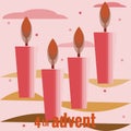 Fourth Sunday of Advent. Four candles, fourth lighted candles, snow, clouds, branches of Christmas tree. Vector illustration