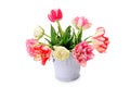 Fowers tulips in decorative bucket isolated on white background