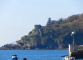 Fowey castle at the mouth of the River Fowey, with steps down to the water\'s edge. On the south coast of Cornwall England.