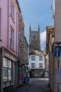 Street scene in Fowey, Cornwall on May 7, 2024. Two unidentified people