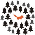 Fox alone in a black forest on white background illustration Royalty Free Stock Photo