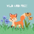 Fox animal banner, wild and free vector illustration. Decoration card poster with wild cute character, funny baby