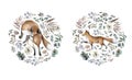 Fox animal with floral bouquet set circle. Realistic winter cute walking red wild fox isolated illustration on white background Royalty Free Stock Photo