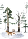 Fox animal in forest. Realistic winter cute walking red wild fox isolated illustration on white background Royalty Free Stock Photo