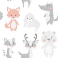 Fox baby winter seamless pattern. Cute animal in snowy forest christmas print