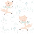Fox baby winter seamless pattern. Cute animal in warm scarf Christmas background. Royalty Free Stock Photo