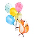 Fox with balloons in watercolor Royalty Free Stock Photo