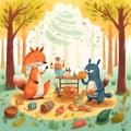 A fox and a bear are having a picnic in the woods. Generative AI image. Royalty Free Stock Photo