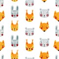 Fox, bear, squirrel, deer, rabbit watercolor hand painted seamless pattern.