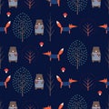 Fox, bear, trees, mushroom seamless pattern on dark blue background. Royalty Free Stock Photo