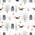 Fox, bear, trees and mushroom seamless pattern on white background. Royalty Free Stock Photo